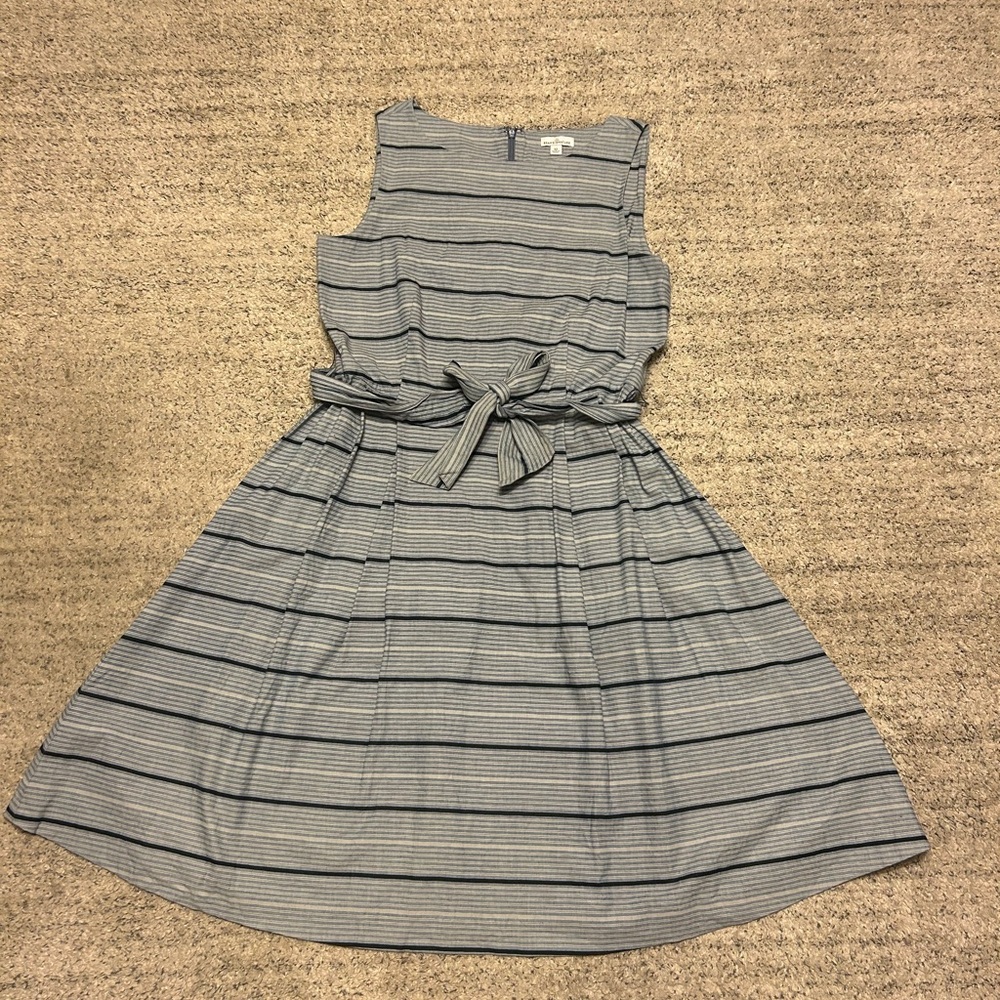 L L Bean Signature Chambray Poplin Dress Indigo Stripe Print With Belt SZ 12